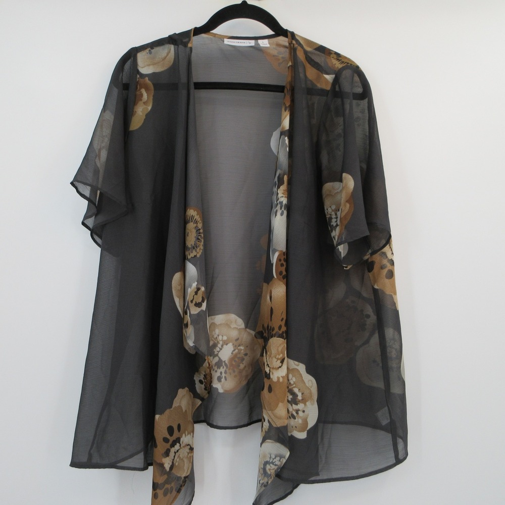 Susan Graver Womens Gray Floral Sheer Chiffon Open Front Cardigan Wrap Size L